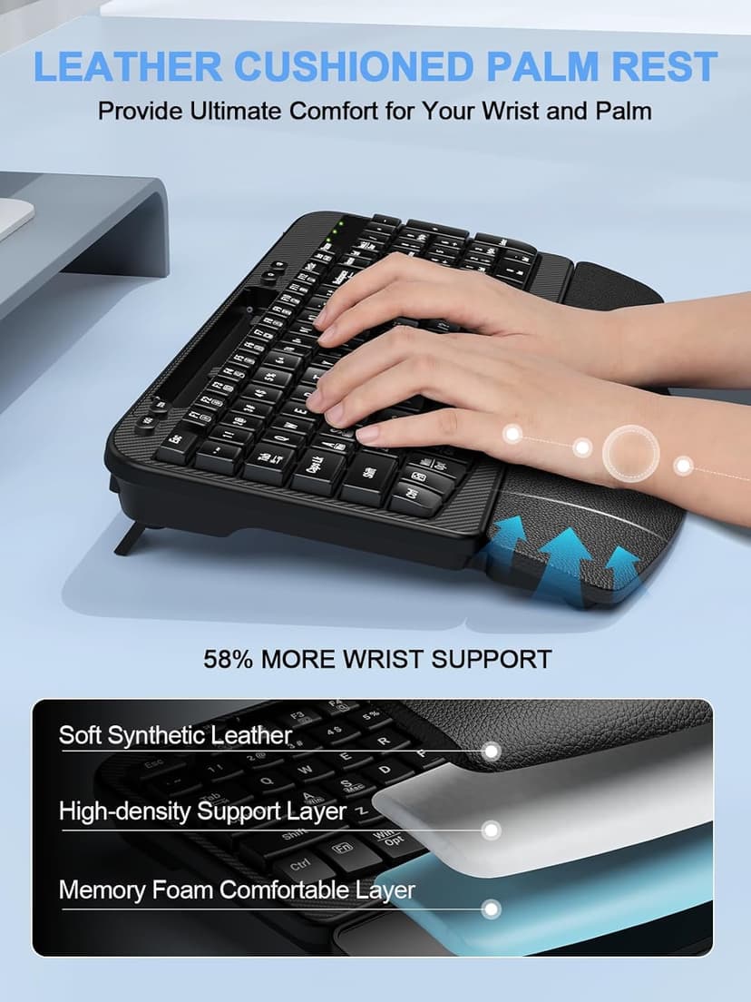 Ergonomic Wireless Keyboard with Cushioned Wrist Rest, Wave Keys, Phone Holder, Comfortable Natural Typing, 2.4GHz Full Size Silent Cordless USB Computer Keyboard for Laptop, Mac, Windows (Black)