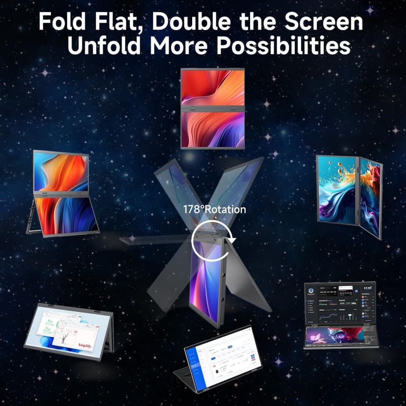 Portable Monitor 15.6" Foldable Dual Screen | Plug & Play for PC/Android/Switch/Xbox/PS5 | FHD 1080P HDR Foldable Travel Display with HDMI/USB-C | Ideal for Gaming, Office & Outdoor
