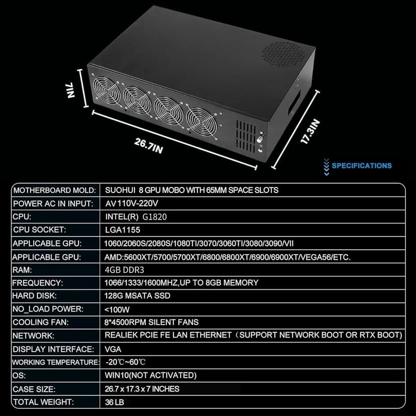 GPU Mining Rig Complete Mining Server Case for Ethereum/ETH Crypto Mining Prebuilt 8 GPU Mining Motherboard, 1800W PSU, 8 Cooling Fans, 4GB RAM,(without GPUs) -Black