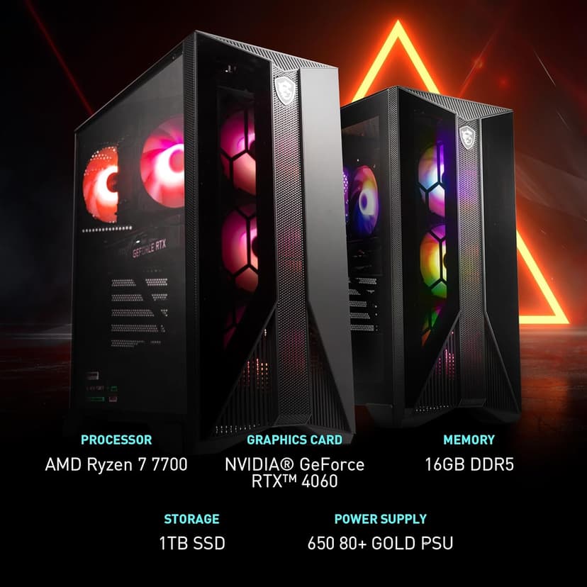 MSI Aegis ZS Gaming Desktop, AMD Ryzen 7 7700, GeForce RTX 4060, 16GB RAM, 1TB SSD, RGB Fan Cooling, Wi-Fi 6E, Keyboard & Mouse Included, DIY Friendly, Windows 11 Home-Adv: 7NUC-607US