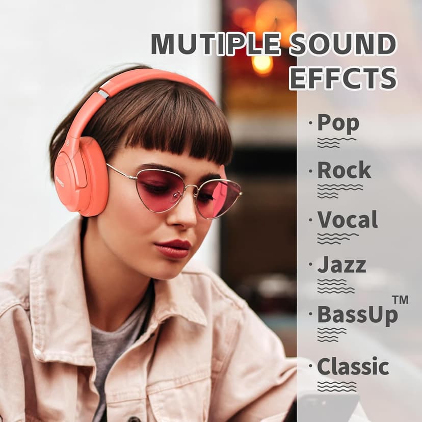 Bluetooth Headphones Over Ear,BERIBES 65H Playtime and 6 EQ Music Modes Wireless with Microphone,HiFi Stereo Foldable Lightweight Headset, Deep Bass for Home Office Outdoors Etc(Orange Red) (202A)