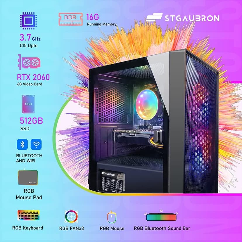 STGAubron Gaming PC Desktop Computer, Intel Core i5 up to 3.7GHz, GeForce RTX 2060 6G, 16G RAM, 512G SSD, WiFi, Bluetooth 5.0, RGB Fan x2, RGB BT Sound Bar, Windows 10 Home