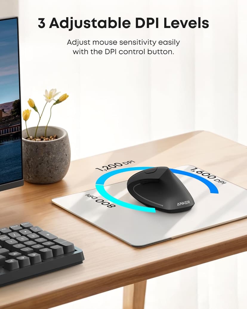 Anker 2.4G Wireless Vertical Ergonomic Optical Mouse for Work, Multi-Device Connectivity, 800/1200 /1600 DPI, 5 Buttons for Laptop, Desktop, PC, MacBook - Black