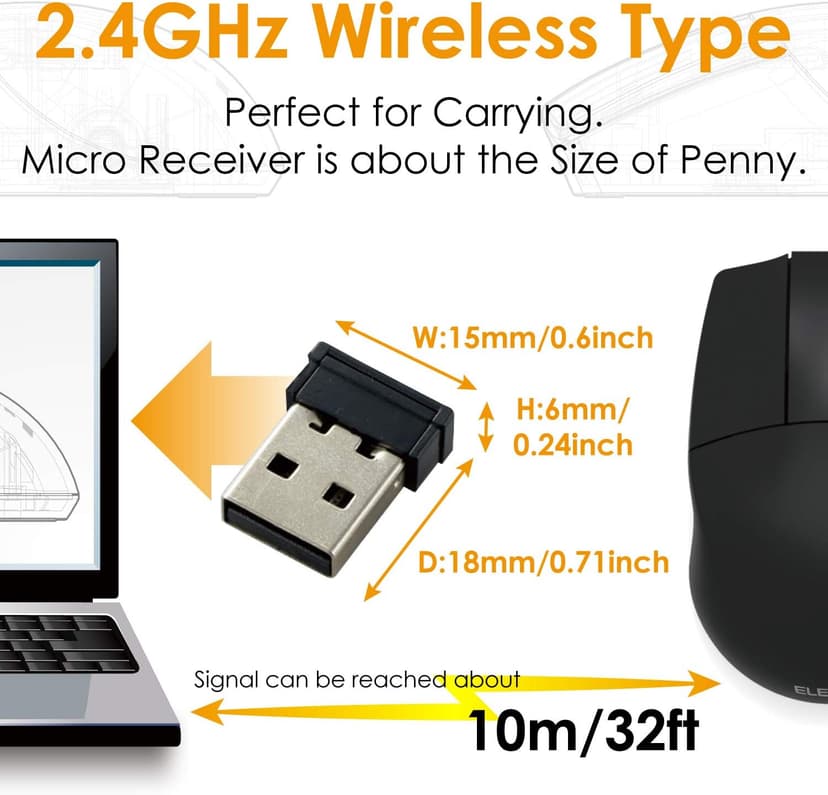 ELECOM -Japan Brand- Wireless 2.4GHz Connection, Basic 3D-CAD Mouse, No Scroll Wheel, 3 Button Computer Mouse with Smooth Optical Tracking, Blue LED, 600/1200 DPI, for Windows/Mac (M-CAD01DBBK)