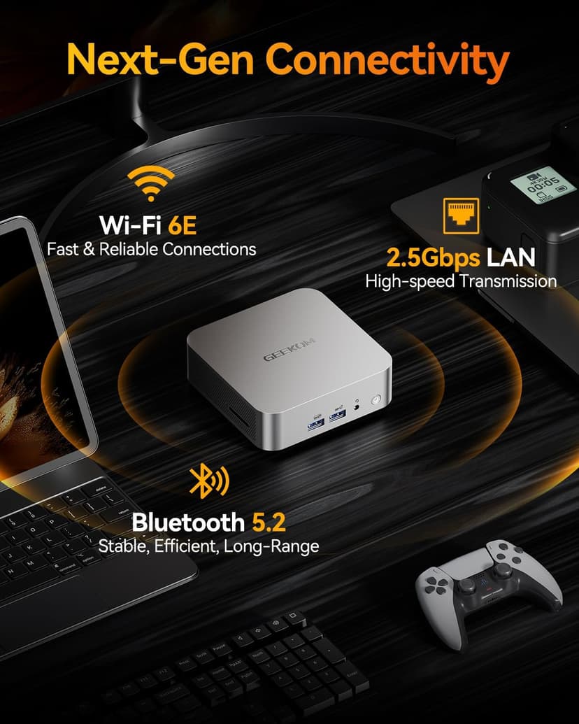 GEEKOM A8 Mini PC, AMD Ryzen 7 8745HS, 32GB DDR5 5600MHz 1TB PCIe 4.0 NVMe SSD, Windows 11 Pro Desktop Computer for Home&Business, Radeon 780M, USB4, 8K UHD, 4 Display | WiFi 6E, BT5.2, 2.5G LAN