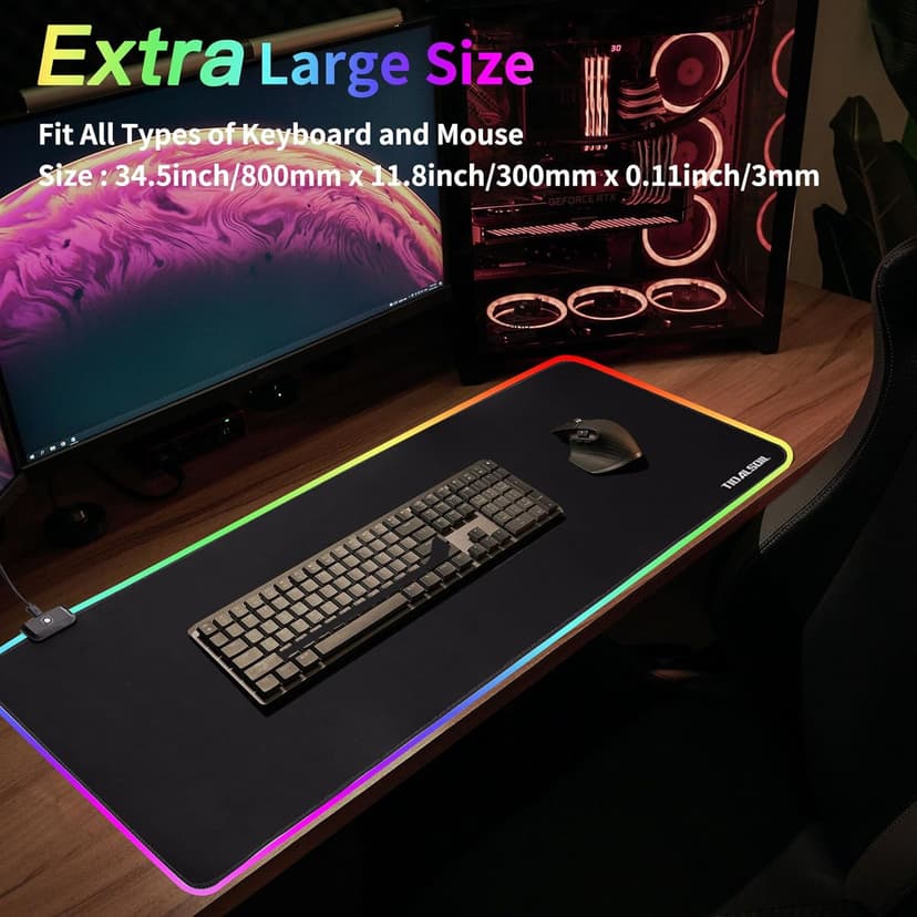 RGB Gaming Mouse Pad, 31.5 x 11.8 Inch Oversized Mouse Mat with 12 Light Modes, Non-Slip Rubber Base, Large Keyboard Pad for PC Gaming, Office, Black