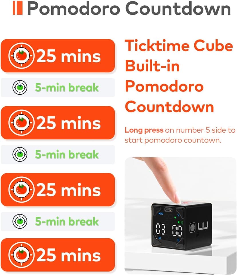 Pomodoro Timer Cube, Productivity Timer, Pause & Resume, Silent, Vibrate & Adjustable Sound Alert, for ADHD, Task, Work, Study, 1/3/5/10/15/25/45/60min & Custom Countdown, Black
