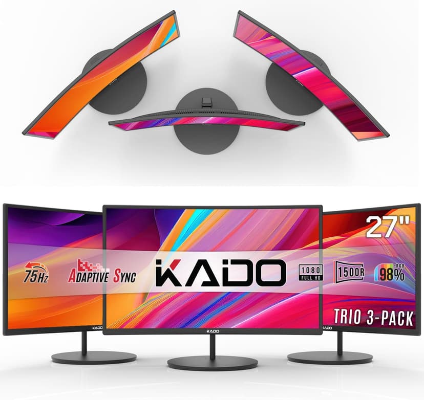 Kado Triple Monitor Setup - 3-Pack 27" Curved 1920x1080 Computer Monitor 1500R 75Hz VESA Mount HDMI Office Gaming Hybrid Built-in Speakers (C27X Trio Series)