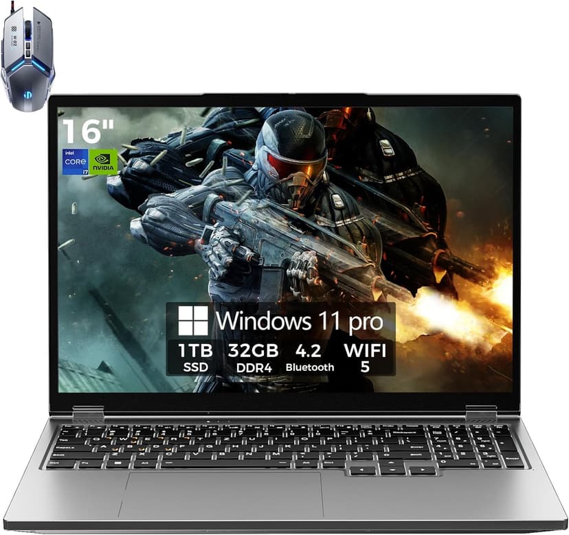 Gaming Laptop Computer, 16” FHD 60Hz Display, Core i7-8750H/GeForce GTX1050(6C/12T, Up to4.1Ghz), Business Laptop 32GB DDR4 RAM, 1TB PCIe3.0 SSD/HDMI/Webcam/Backlit Keyboard/Wi-Fi 5/Win11 Pro