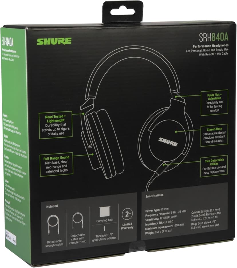 Shure SRH840A Over-Ear Wired Headphones for Critical Listening & Monitoring, Professional Headset, Tailored Frequency Response, Superior Detailed Sound, Adjustable & Collapsible Design - 2022 Version