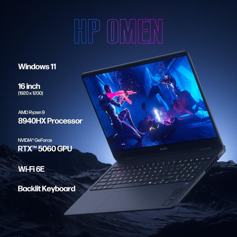 HP OMEN 16" Gaming Laptop 2K 144Hz - AMD Ryzen 9 8940HX, NVIDIA RTX 5060, 32GB RAM, 2TB SSD, RGB Backlit Keyboard, Wi-Fi 6E, Cooling Pad Bundle, Windows 11 Pro