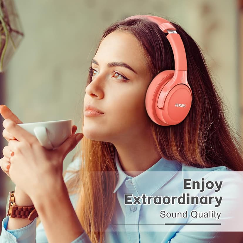 Bluetooth Headphones Over Ear,BERIBES 65H Playtime and 6 EQ Music Modes Wireless with Microphone,HiFi Stereo Foldable Lightweight Headset, Deep Bass for Home Office Outdoors Etc(Orange Red) (202A)