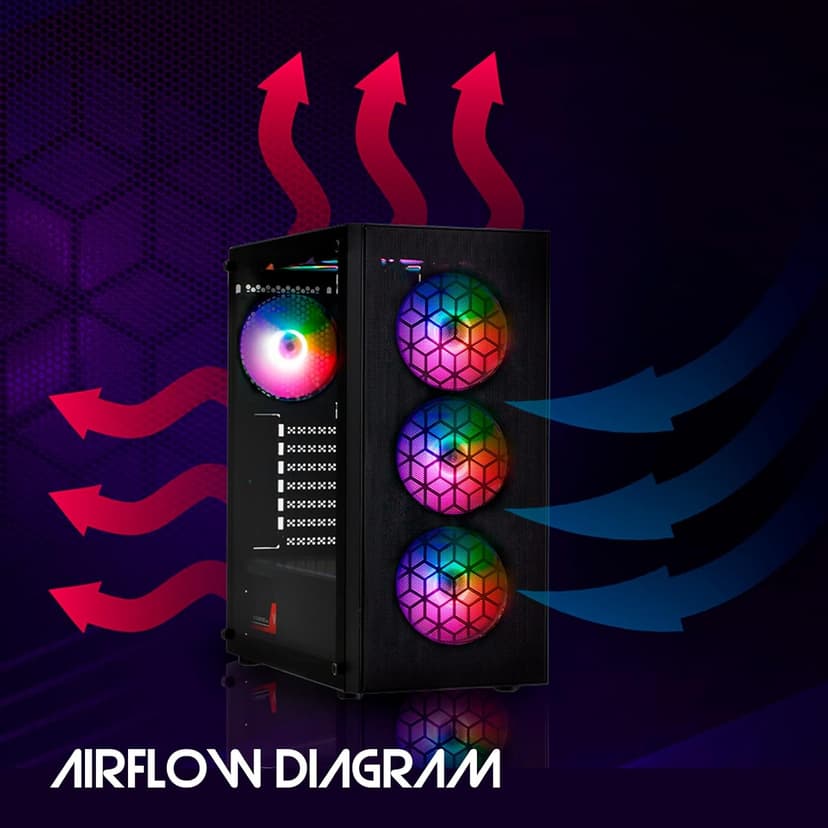 Raidmax X921 Mesh Airflow and Tempered Glass Gaming PC Case with Fans, Pre-Installed 6 Static RGB Color Fans, ATX Mid Tower PC Case, Black, Support ATX, Micro ATX, Water Colling
