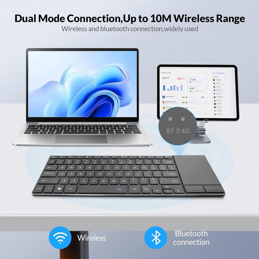 Rii Wireless Bluetooth Keyboard,Multi Device Rechargeable Stainless Steel Ultra Slim Keyboard with Multi-Touch Touchpad,Compatible with PC, Mac, Laptop(2.4G+BT New)