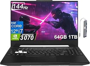 ASUS TUF Dash F15 Gaming Laptop (15.6 inches 144Hz, Intel 12th Gen i7-12650H, 64GB DDR5 RAM, 1TB PCle SSD, Geforce RTX 3070 8GB), Thunderbolt 4, Backlit KB, WiFi 6, IST Cable, Win 11 Home - Black