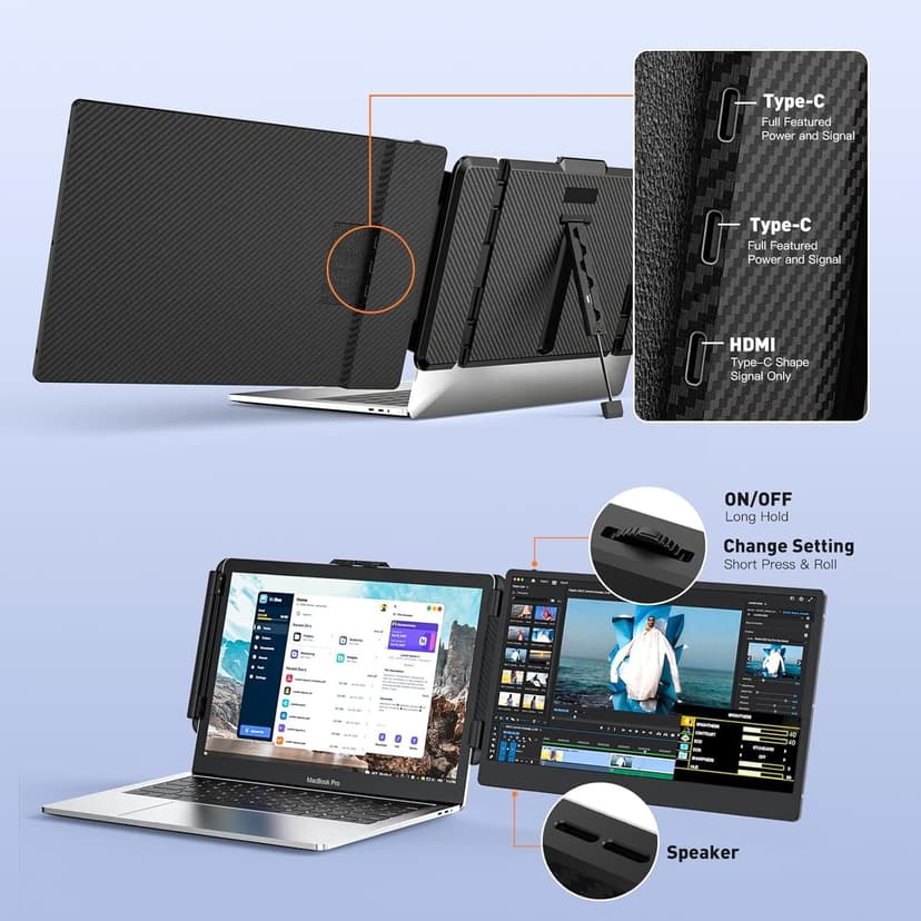 Laptop Screen Extender 14-inch, 1080P FHD Portable Monitor, Type-C/HDMI/USB-A Plug & Play, Laptop Monitor Extender fits Laptops with Screen up to 15.35" Wide, Compatible with Windows, Mac, Chrome