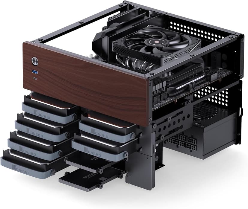 JONSBO N4 Black NAS Pc Case, Walnut Wood, 8-Drive Bay/6 * 3.5 "HDD (4 hot-swap,2 Non hot-swap),2 * 2.5SSD,Micro ATX Chassis, USB3.2Gen2Type-C, 1x120mm Fan Built-in, Black