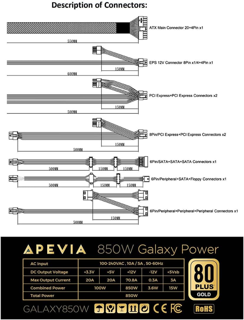 Apevia ATX-GX850W Galaxy 850W (No PCIe 5.0 & Gen 5 12VHPWR Connector) 80+ Gold Certified Active PFC ATX Semi-Modular Gaming Power Supply