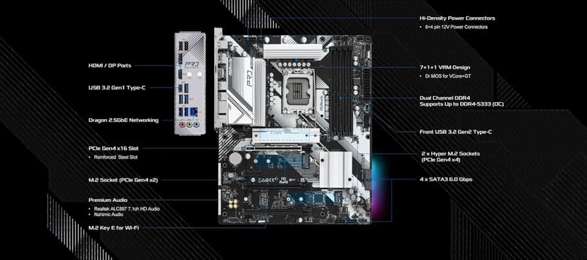 ASRock B760 Pro RSD4 LGA1700 ATX Motherboard - Supports 14th/13th/12th Gen Intel Core, DDR4 5333+ (OC), Dual M.2 PCIe Gen4, 2.5G LAN, USB 3.2 Gen2 Type-C, HDMI/DP, Nahimic Audio