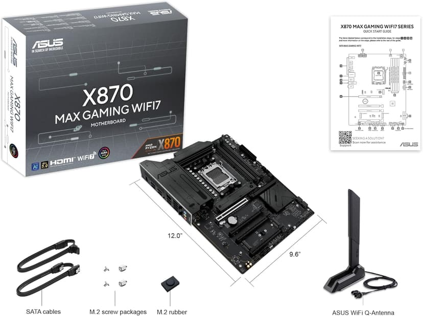 ASUS X870 MAX Gaming WIFI7 AMD AM5 ATX Motherboard, 12+2+1 80A DrMOS, DDR5, PCIe 5.0 x16 Q-Release, 3X M.2, Wi-Fi 7 Q-Antenna, 2.5Gb LAN, USB4® Type-C®, USB-C® 20Gbps, BIOS Flashback™, Aura Sync