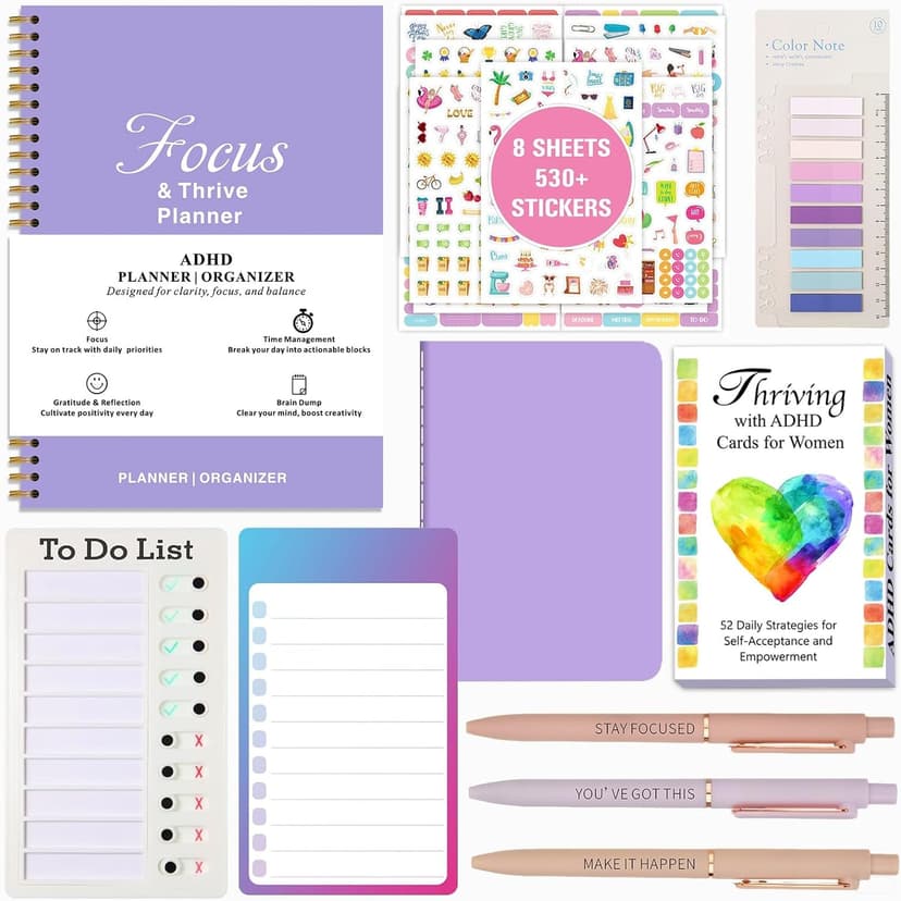 ADHD Tools Kit for Adult Women - 13-Piece Productivity & Focus Planner Set with Therapy Cards, ADHD Tools, Cleaning & Chore List, Pocket Planner, Stickers and Customized Pens