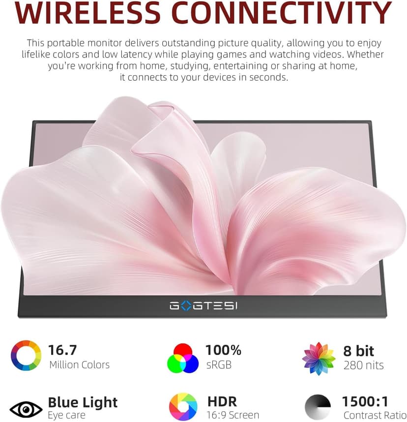 Wireless Portable Monitor 15.6 Inch 1080P FHD Ultra Slim Display WiFi Connectivity 180° Adjustable Built-in Stand Lightweight Travel Monitor for Laptop, MAC, Phone, PS5