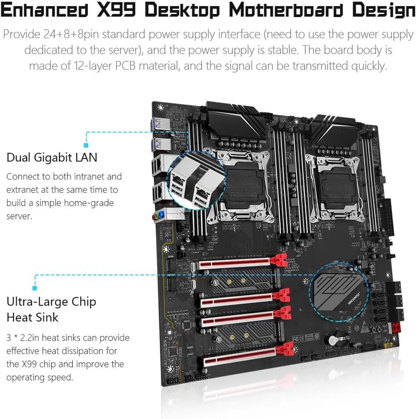 MACHINIST X99 Dual CPU Motherboard, Intel (5th/6th Gen) LGA 2011-V3 Computer Server Motherboards (E-ATX, PCIe 3.0, DDR4, Dual LAN, M.2, SATA 6Gb/s) for Intel Core i7, XEON E5 V3/V4 Series X99-D8 (Red)
