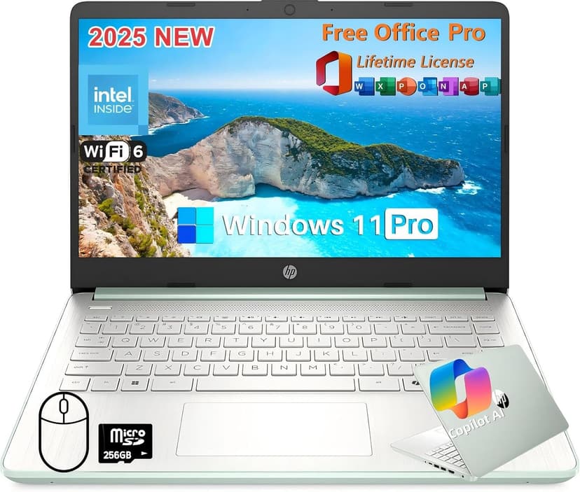 HP 2025 14 Inch Laptop Computer, Office Lifetime License, Intel Processor N150, 16 GB RAM, 384 GB Storage(128GB UFS+256GB MSD), Copilot AI, Wi-Fi 6, Webcam, Lightweight, Windows 11 Pro, w/Accessories
