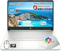 HP 2025 14 Inch Laptop Computer, Office Lifetime License, Intel Processor N150, 16 GB RAM, 384 GB Storage(128GB UFS+256GB MSD), Copilot AI, Wi-Fi 6, Webcam, Lightweight, Windows 11 Pro, w/Accessories