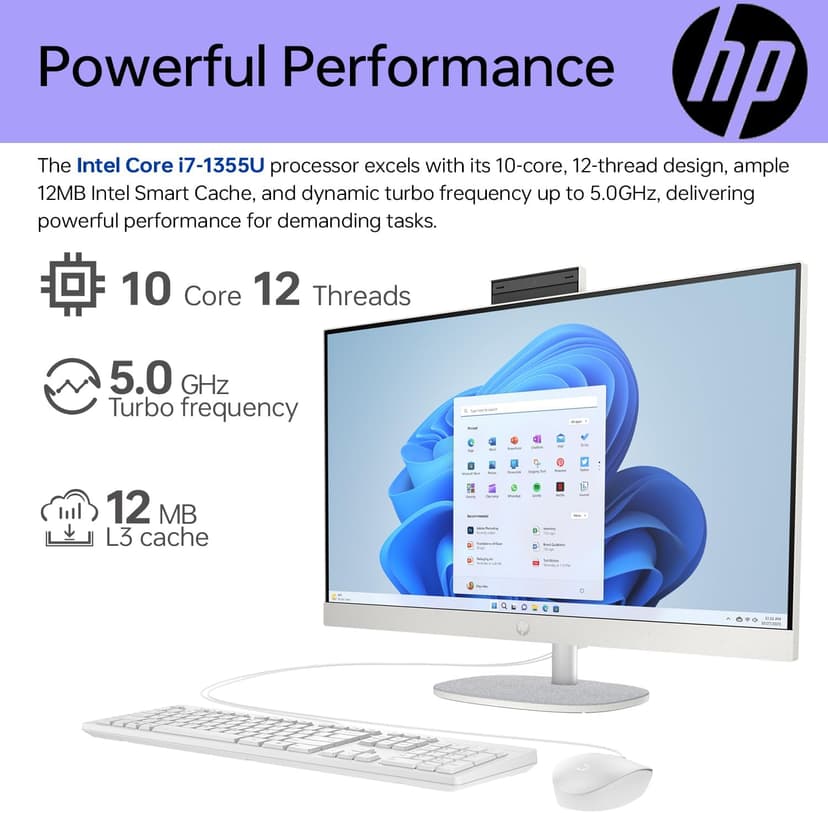 HP 27 i7 Business All in One Desktop, 27" FHD, Intel i7-1355U, 64GB RAM, 2TB SSD, Wired Keyboard & Mouse, IR Camera, HDMI, Wi-Fi 6, Windows 11 Pro, White with ADATA 512 External SSD Bundle