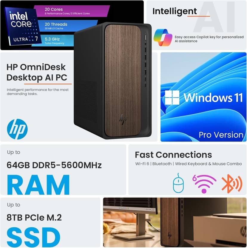 HP 2025 OmniDesk M03 Premium Business Next Gen AI PC Desktop, Intel Core Ultra 7 265, 64GB DDR5 RAM, 2TB SSD, Windows 11 Pro, USB-C, Wi-Fi 6, Wired KB & Mouse, Bundle with ADATA 512GB External SSD
