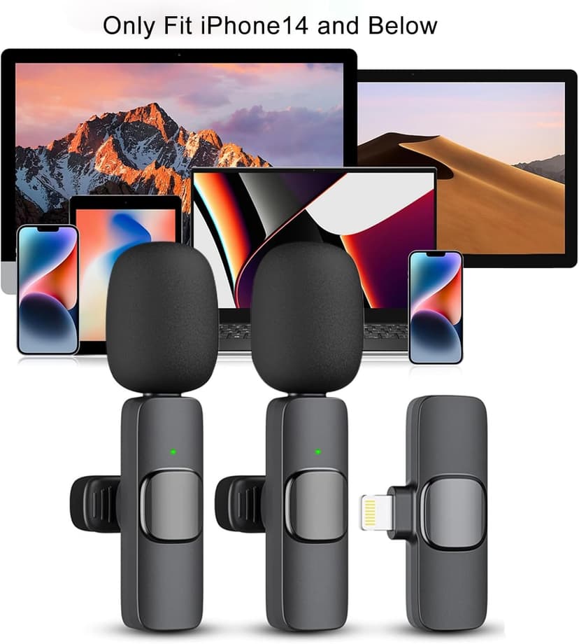 Microphone for iPhone, 2 Pack Wireless Microphones, Mini Mic, Lavalier, Recording Lapel Mic, Plug-Play, Clip On Microphone with Noise Reduction for Interview/Tiktok (for iPhone14 and Below)