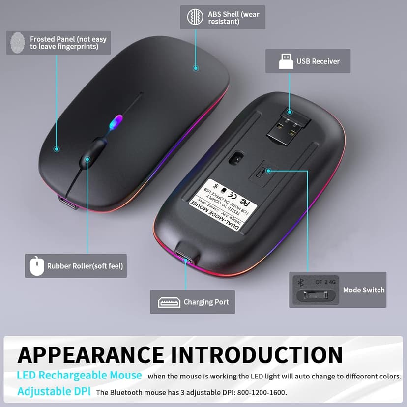 Wireless Bluetooth Mouse – Rechargeable, Silent, Dual Mode (Bluetooth 5.2 & USB) with LED Lights – Portable for Laptop, Desktop, & Tablet(Black)