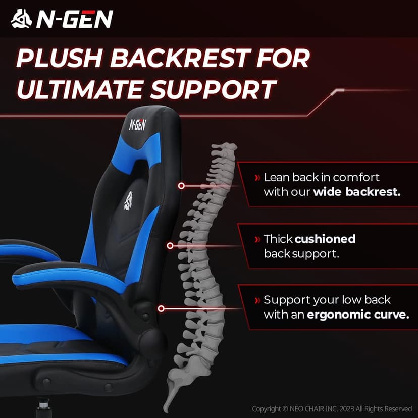 N-GEN Video Gaming Chair Ergonomic Computer Desk Office Chair with Lumbar Support Adjustable Height Swivel Wheels Flip-Up Arms PU Leather Home and Office (Blue)