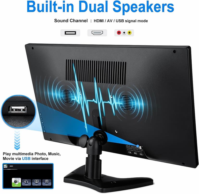 15.6 Inch Small HDMI Monitor, 1366x768 Resolution Security CCTV Monitor with HDMI BNC VGA AV USB Ports, Built-in Speakers LED Monitors for PC, Laptop and Computer for Home Office Warehouse