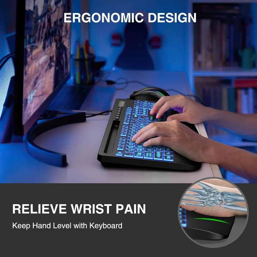 SABLUTE Large Print Backlit Keyboard, Wired USB Computer Keyboards with 7-Colors Backlight, Wrist Rest, Phone Holder, Oversized Letter Keys Easy to See and Type for Laptop, PC, Windows, Black