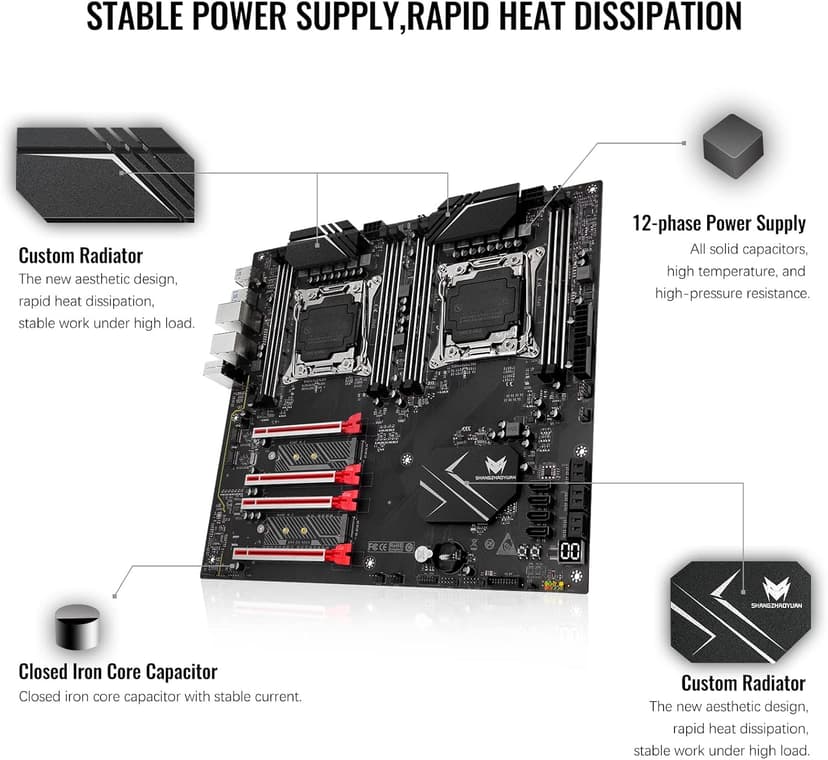 X99 Dual CPU Motherboard LGA 2011-3 Server Motherboard for Intel i7 5th/6th Gen Xeon E5 V3/V4 Series (E-ATX, 8*DDR4 ECC Max 256G, 2*NVME M.2, 2*Gb LAN, SATA 3.0, PCIe 3.0)