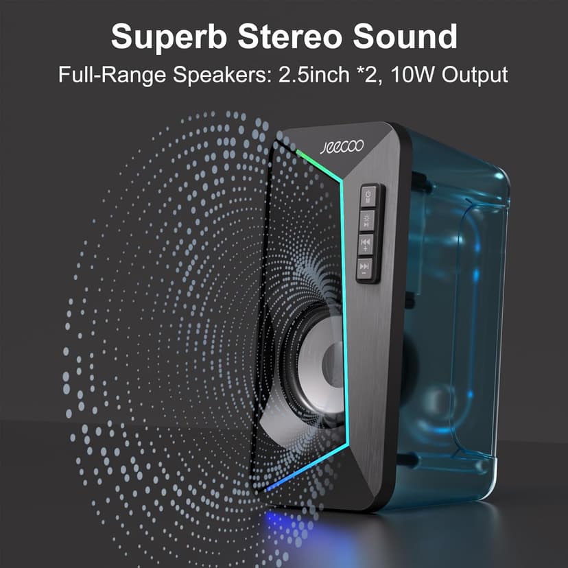 Jeecoo M30 Bluetooth Computer Speakers, PC Gaming Speakers for Desktop with Crisp Stereo Sound, Dynamic LED Modes, Easy-Access Control, 10W - USB-Powered