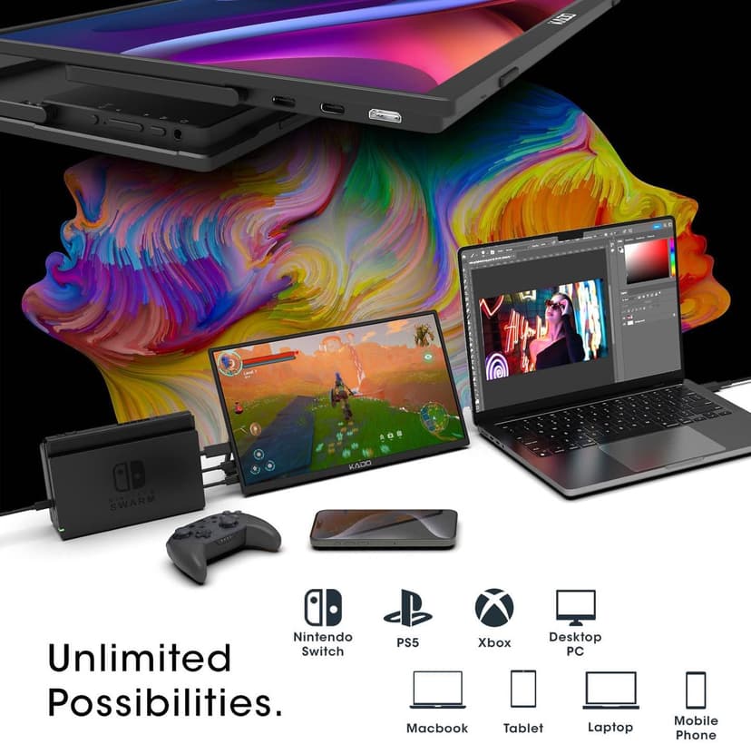 Kado Portable Monitor 15.6'' FHD 1080p, USB-C HDMI Gaming Monitor Ultra-Slim IPS Display Built-in Speakers, External Display 180° Kickstand Wall/Arm Mount for Laptop PC Phone Mac Xbox PS4/PS5 Switch