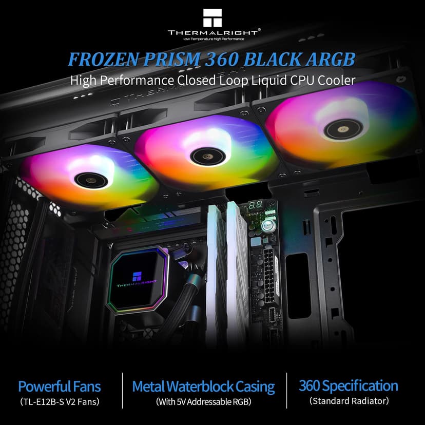 Thermalright Frozen Prism360 Black ARGB CPU Liquid Cooler,Efficient PWM Controlled Pump 3300RPM,3×TL-E12 Series PWM Fan,Water Cooling Computer Parts,for AMD AM4/AM5,Intel 1150/1151/1200/1700/2011