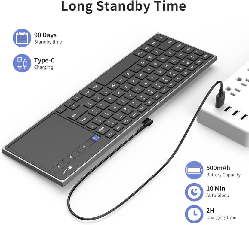 CZUR Rechargeable Bluetooth Keyboard with Touchpad, Portable Computer Keyboard with Trackpad, Wireless Ultra Slim Keyboard for PC/Laptop/Tablet/Phone