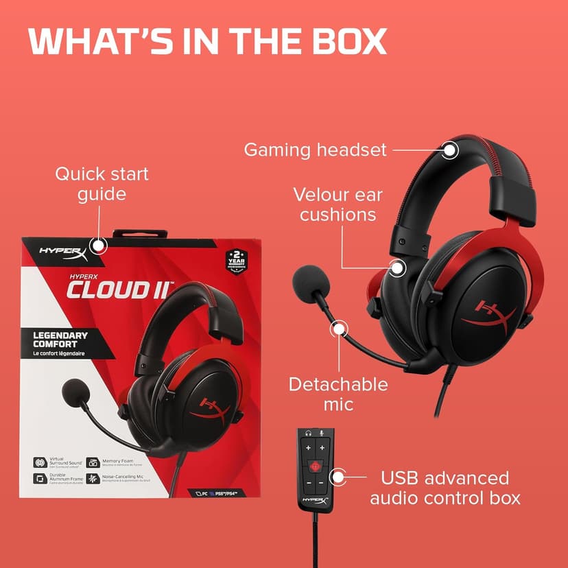HyperX Cloud II - Gaming Headset, 7.1 Surround Sound, Memory Foam Ear Pads, Durable Aluminum Frame, Detachable Microphone, Works with PC, PS5, PS4, Xbox Series X|S, Xbox One – Red
