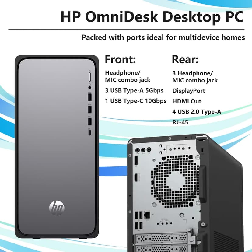 HP OmniDesk M02 Premium AI Copilot Tower Desktop, 20-Core Intel Core i7-14700, 64GB DDR5, 2TB SSD, Wired KB & Mouse, Wi-Fi 6, Bluetooth, Win11 Home, Black, Bundle with Lexar SL660 512GB Portable SSD