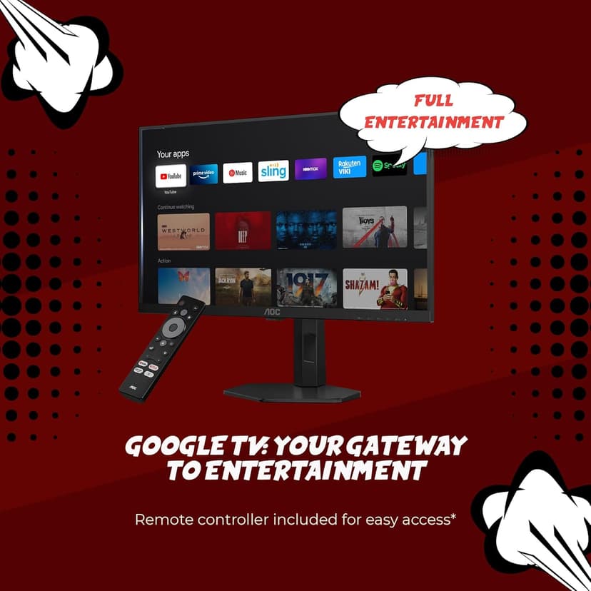 AOC Gaming Q27G4XY 27" Smart Gaming Monitor - QHD 2560x1440, 180Hz, VA Panel, Google Smart OS, USB-C 65W PD, AMD FreeSync, G-SYNC Compatible, Built in Speakers