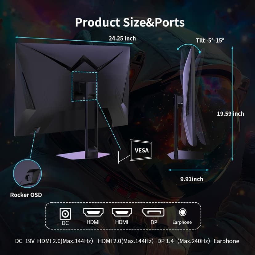 27'' 240hz Gaming Monitor 1440p(2560× 1440) 144Hz 1ms Fast HVA HDR400 130% sRGB HDMI & DisplayPort AdaptiveSync VESA Tilt Eye Care