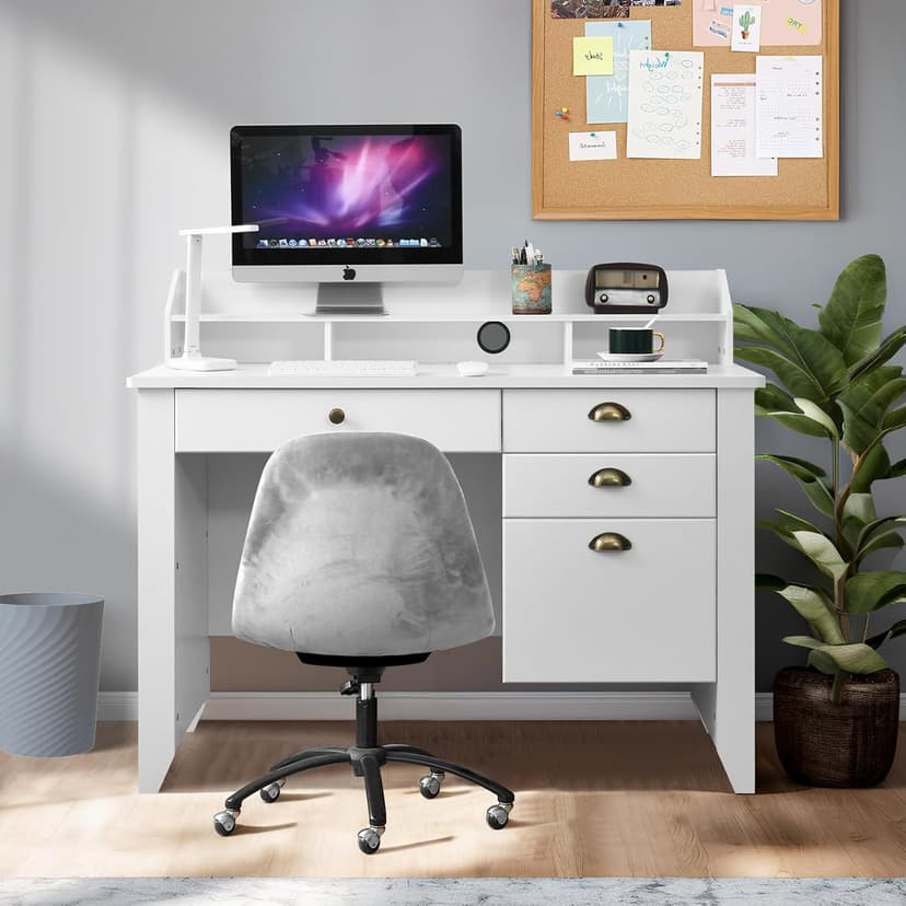 Catrimown Computer Desk with Drawers and Hutch, 47 Inch Home Office Desk with File Drawers, Student Girls Desks, Teens Writing Table with Hutch, Small Desk with Drawer for Bedroom, White