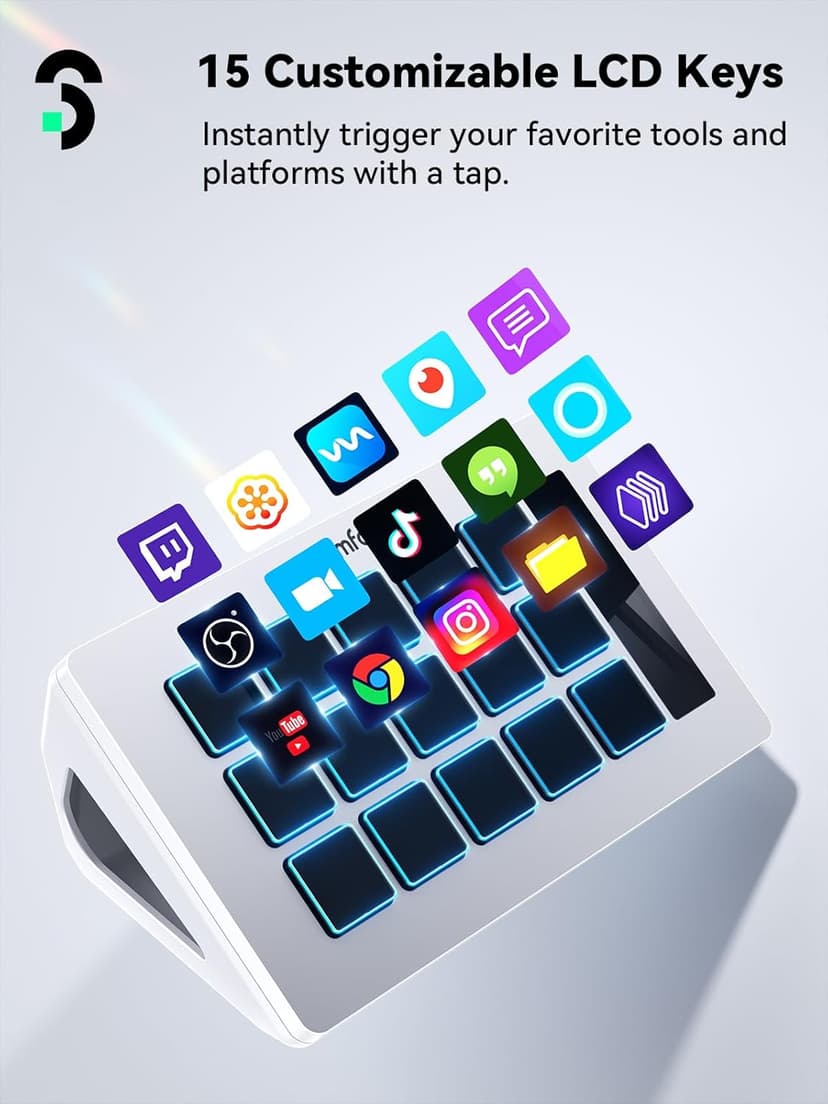 SOOMFON Stream Controller Stream Control Deck with 15 LCD Macro Keys Customizable for Content Creators Streaming Gaming to Trigger Actions in OBS, YouTube, Twitch and More, Compatible with PC & MAC