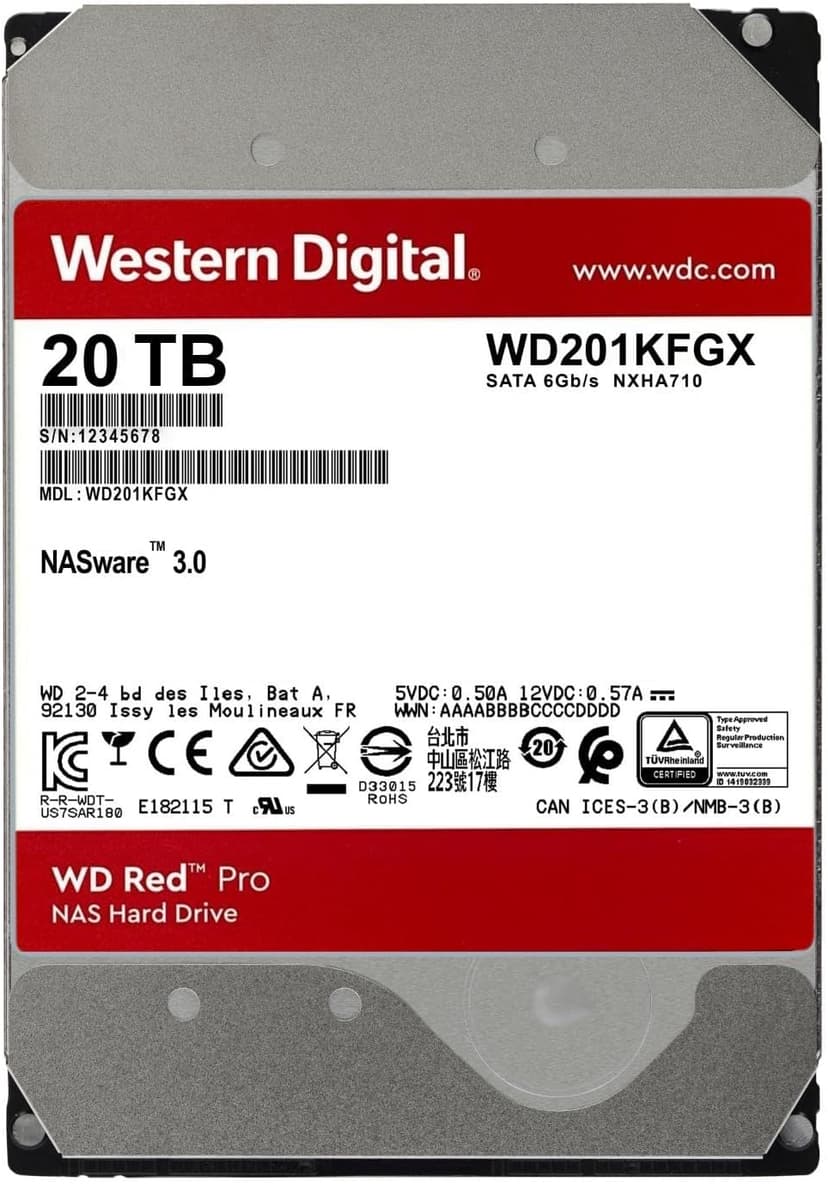 Western Digital 20TB WD Red Pro NAS Internal Hard Drive HDD - 7200 RPM, SATA 6 Gb/s, CMR, 512 MB Cache, 3.5" - WD201KFGX