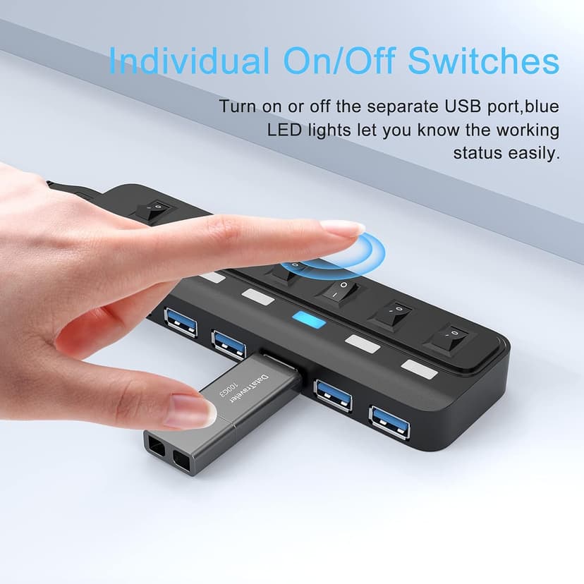 USB Hub 3.0, 7 Port USB Hub Splitter with Individual On/Off LED Switches, 5Gbps HighSpeed Data USB Extension for Laptop, iMac, USB Flash Drives, Mobile HDD, Printer, Camera and More