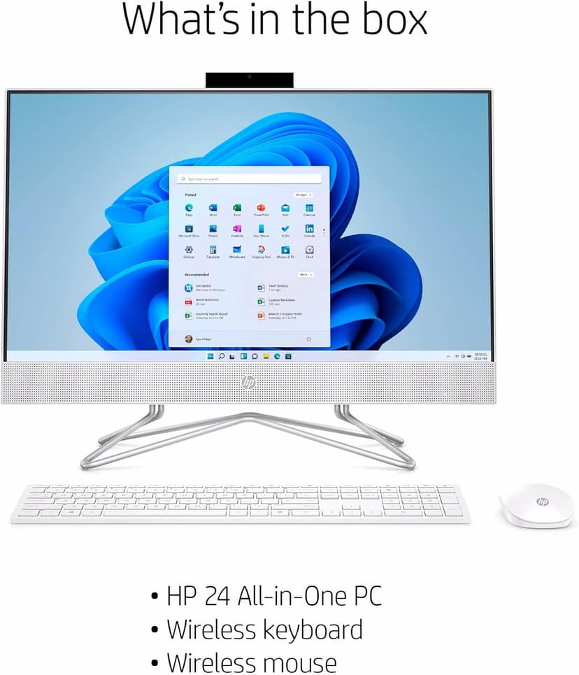 HP 2024 AIO-24-DF1000 Desktop 23.8" 1920 x 1080 IPS Intel Core i3-1115G4 2-Core Intel UHD Graphics 8GB DDR4 256GB SSD Windows 11 Pro Bluetooth 4.2 Wi-Fi White Wired Keyboard and Mouse